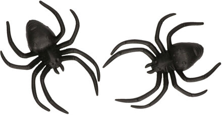 Fiestas Nep spinnen/spinnetjes 12 cm - zwart - 2x stuks - Horror/griezel thema decoratie beestjes - Feestdecoratievoorwe