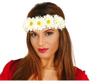 Fiestas Verkleed haarband met bloemen - wit - meisjes/dames - Hippie/flower Power - Verkleedhaardecoratie