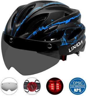 Fiets Fietsen Helm Met Afneembare Magnetische Bril En Led Light Mountain Road Fiets Helm Beschermende Helm 18 Vent zwart blauw LED licht