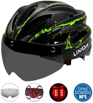 Fiets Fietsen Helm Met Afneembare Magnetische Bril En Led Light Mountain Road Fiets Helm Beschermende Helm 18 Vent zwart GreenLED licht