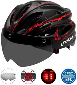 Fiets Fietsen Helm Met Afneembare Magnetische Bril En Led Light Mountain Road Fiets Helm Beschermende Helm 18 Vent zwart rood LED licht