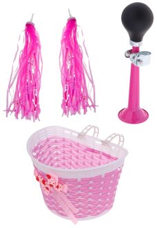 Fiets Mand Front Mount Winkelen Houder Met Hoorn Hooter En Stuur Kwastje Streamer Fiets Accessoires roze