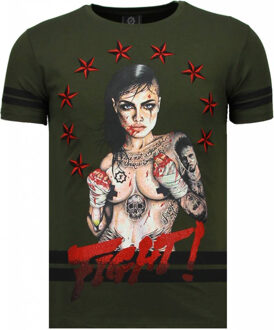 Fighter! - Rhinestone T-shirt - Groen - Maten: XL