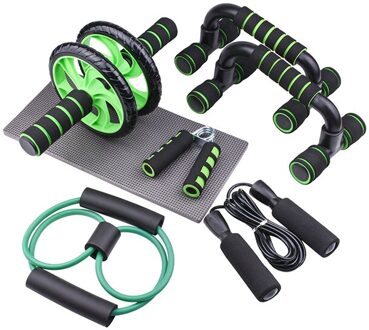 Figuur 8 Elastische Trainer Buikspier Wiel Roller Springtouw Fitness Training Fitness Mat Grip Combinatie Set Push-Up Licht Groen