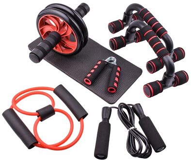 Figuur 8 Elastische Trainer Buikspier Wiel Roller Springtouw Fitness Training Fitness Mat Grip Combinatie Set Push-Up Rood
