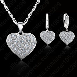 Fijne 925 Sterling Zilveren Hart Diamant Bruids Bruiloft Sieraden Set Voor Vrouwen Hanger Ketting Oorbel Set Bijoux