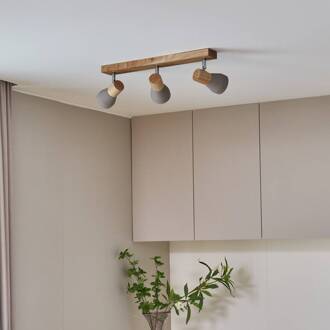 Filiz spot, 3-lamps, 47 cm lang, hout, beton, E14 betongrijs, licht hout, gesatineerd nikkel