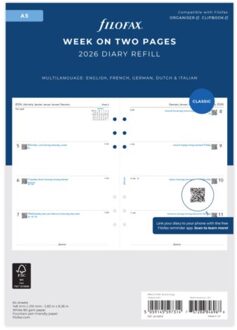 Filofax agendavulling 2026, formaat a5, 1 week per 2 pagina's, kleur wit