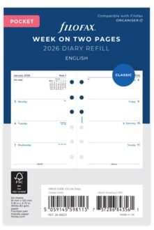 Filofax agendavulling 2026, formaat pocket, 1 week per 2 pagina's, engels