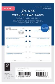 Filofax agendavulling 2026, formaat pocket, 1 week per 2 pagina's, meertalig