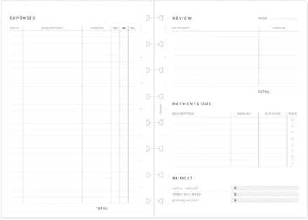 Filofax notitieboek interieur, formaat a5, uitvoering ontkostentracker a 56 vel