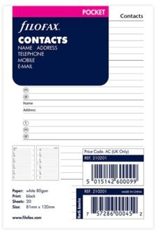 Filofax organiser interieur, formaat pocket, contacten