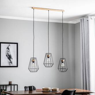 Finan hanglamp 3-lamps lineair 21cm zwart, licht hout