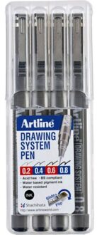 Fineliner Artline set met 0.2-0.4-0.6-0.8mm zwart