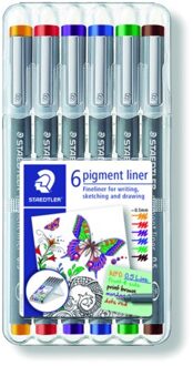Fineliner Staedtler Pigment 308 assorti 0.5mm set a 6st assorti Zwart