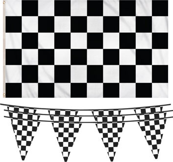 Finish/racing thema feestartikelen pakket 5-delig vlaggen geblokt zwart/wit