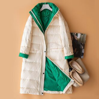 FIONTO Winter Vrouwen PU Dubbelzijdig Down Lange Jas Coltrui Witte Eend Down Jas Double Breasted Warme Parka Sneeuw Uitloper wit / XS