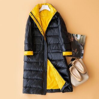 FIONTO Winter Vrouwen PU Dubbelzijdig Down Lange Jas Coltrui Witte Eend Down Jas Double Breasted Warme Parka Sneeuw Uitloper zwart / S