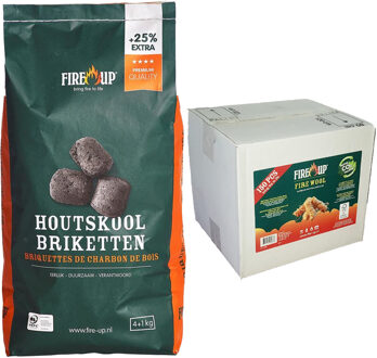 Fire-Up BBQ starterspakket - houtskool briketten 10 kilo - barbecue aanmaak houtwolkrullen 150x - Briketten