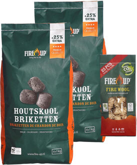 Fire-Up BBQ starterspakket - houtskool briketten 10 kilo - barbecue aanmaak houtwolkrullen 25x - Briketten