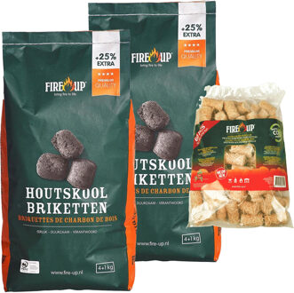 Fire-Up BBQ starterspakket - houtskool briketten 10 kilo - barbecue aanmaak houtwolkrullen 60x - Briketten