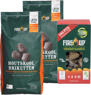 Fire-Up BBQ starterspakket - houtskool briketten 10 kilo - barbecue aanmaakblokjes 100x - Briketten