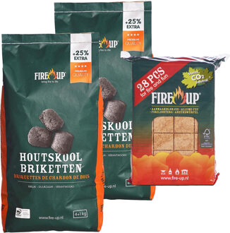 Fire-Up BBQ starterspakket - houtskool briketten 10 kilo - barbecue aanmaakblokjes 28x - Briketten