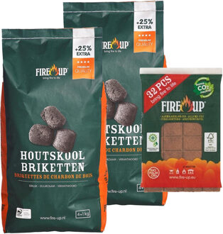 Fire-Up BBQ starterspakket - houtskool briketten 10 kilo - barbecue aanmaakblokjes 32x