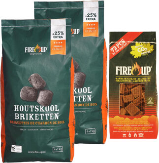 Fire-Up BBQ starterspakket - houtskool briketten 10 kilo - barbecue aanmaakblokjes 72x