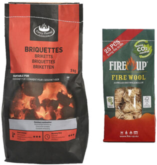 Fire-Up BBQ starterspakket - houtskool briketten 3 kilo - barbecue aanmaak houtwolkrullen 25x - Briketten