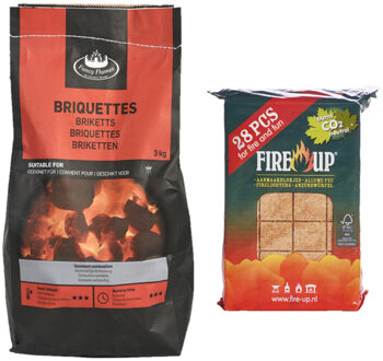 Fire-Up BBQ starterspakket - houtskool briketten 3 kilo - barbecue aanmaakblokjes 28x
