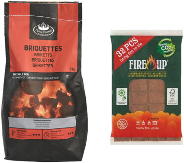 Fire-Up BBQ starterspakket - houtskool briketten 3 kilo - barbecue aanmaakblokjes 32x - Briketten