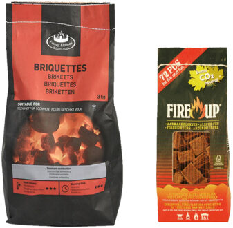 Fire-Up BBQ starterspakket - houtskool briketten 3 kilo - barbecue aanmaakblokjes 72x - Briketten