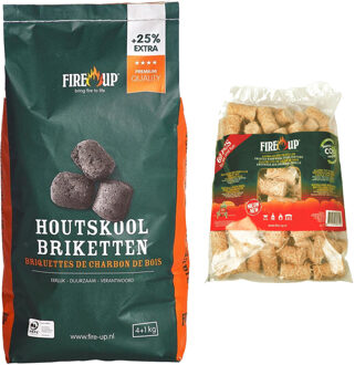 Fire-Up BBQ starterspakket - houtskool briketten 5 kilo - barbecue aanmaak houtwolkrullen 60x