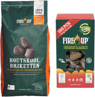 Fire-Up BBQ starterspakket - houtskool briketten 5 kilo - barbecue aanmaakblokjes 100x - Briketten