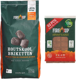 Fire-Up BBQ starterspakket - houtskool briketten 5 kilo - barbecue aanmaakblokjes 32x - Briketten