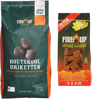 Fire-Up BBQ starterspakket - houtskool briketten 5 kilo - barbecue aanmaakblokjes 72x - Briketten