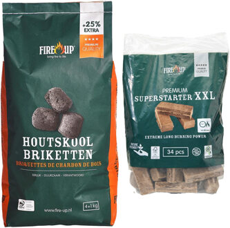 Fire-Up BBQ starterspakket - houtskool briketten 5 kilo - barbecue superstarter aanmaakblokjes 34x