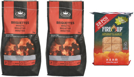 Fire-Up BBQ starterspakket - houtskool briketten 6 kilo - barbecue aanmaakblokjes 28x - Briketten