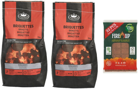Fire-Up BBQ starterspakket - houtskool briketten 6 kilo - barbecue aanmaakblokjes 32x
