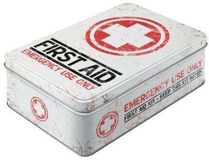 First aid bewaarblik - opbergblik - 23 x 16 x 7 cm - metaal - Verbanddoos - Nostalgische print Multi