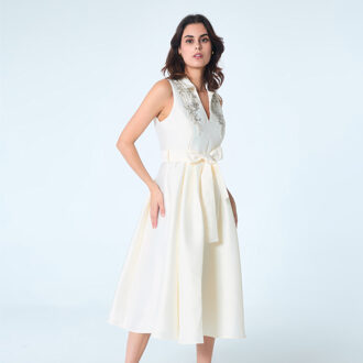 Fit-and-flare cocktailjurk met tafzijde en kralen Crème - S