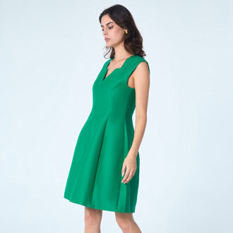 Fit-and-flare satijnen korte jurk met vierkante V-hals Groen - XS