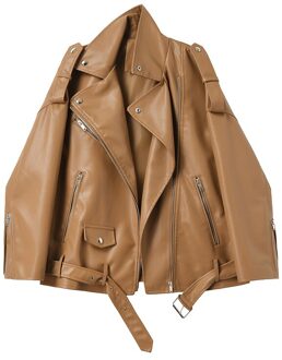 Fitaylor Autumn Women Loose Leather Jackets Turndown Collar Rivet Epaulet Zipper Biker Overcoat Female Faux Soft Leather Outwear roze / L