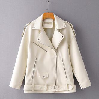 Fitaylor Autumn Women Loose Leather Jackets Turndown Collar Rivet Epaulet Zipper Biker Overcoat Female Faux Soft Leather Outwear wit / XL