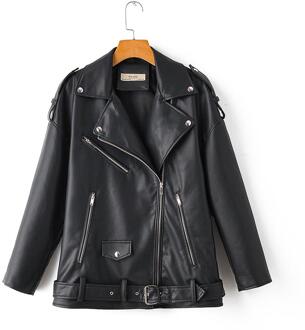 Fitaylor Autumn Women Loose Leather Jackets Turndown Collar Rivet Epaulet Zipper Biker Overcoat Female Faux Soft Leather Outwear zwart / S