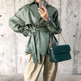 Fitaylor Lente Herfst Pu Leren Jas Casual Vrouwelijke Streetwear Uitloper Jassen Vrouwen Faux Pu Lederen Riem Jas