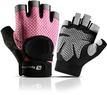 Fitness Handschoenen Gym Antislip Training Bodybuliding Handschoenen Ademend Anti Slip Fietsen Training Wandelen Half Vinger Handschoenen roze / XL
