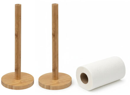 Five keukenrolhouder - 2x - naturel - 12,5 x 32 cm - bamboe hout - Keukenpapier houder