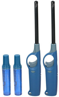 Flame Classics BBQ/keuken aansteker lange steel - 2x - met extra navul cilinder - blauw - 25 cm - kunststof